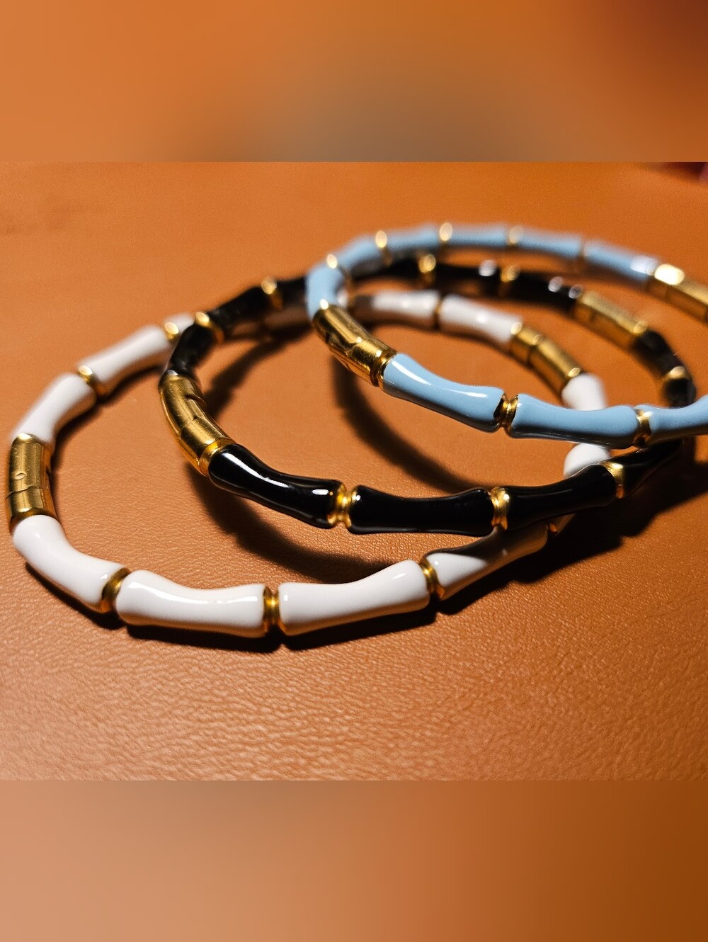 Enamel Bamboo-Style Bracelet Set in Black, White & Light Blue with Gold Accents